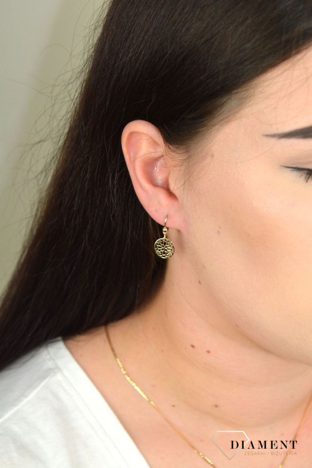 Złote kolczyki wiszące koła z ażurową zawieszką KL 4390.jpg